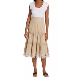 Veronica Beard Amaia Eyelet Cotton blend Midi dress White Khaki NWT size Large